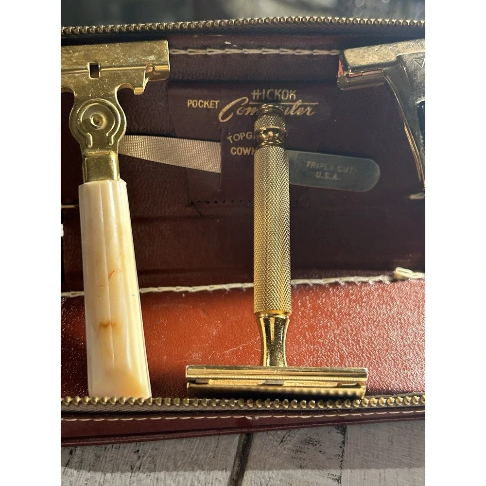 Vintage Hickok Commuter Leather Zip W/3 Old Gillette‎ Schick Razors Top Cowhide